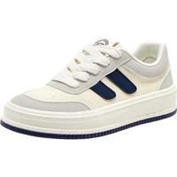 百思图时尚户外运动休闲板鞋厚底女休闲鞋V0025CM3 米/蓝 37