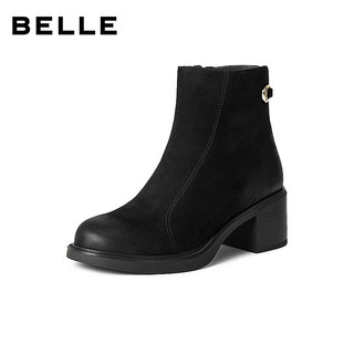 百丽（Belle）复古羊皮擦色时装靴女2025冬优雅高跟短靴E4X1DDD5 黑色 34