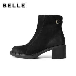 百丽（Belle）复古羊皮擦色时装靴女2025冬优雅高跟短靴E4X1DDD5 黑色 34
