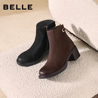 百丽（Belle）复古羊皮擦色时装靴女2025冬优雅高跟短靴E4X1DDD5 黑色 34