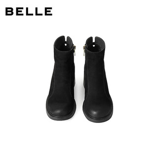 百丽（Belle）复古羊皮擦色时装靴女2025冬优雅高跟短靴E4X1DDD5 黑色 34
