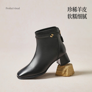百丽（Belle）气质羊皮时装靴女2025冬高跟通勤优雅短靴3LI44DD5 黑色-单里 36