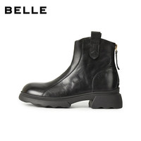 百丽(Belle)复古擦色时装羊皮靴女2025冬真皮粗跟短靴E5S1DDD5 黑色-薄绒 34
