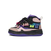 童天女童鞋2024冬季皮面加绒高帮板鞋儿童运动鞋 黑粉-二棉 26码 鞋内长17.2/适合脚长16.7