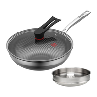 康巴赫(KBH)炒锅304不锈钢双面屏蜂窝不粘炒菜锅少烟平底煎炒锅电磁炉燃气灶 双面蜂窝锅+蒸屉 32cm