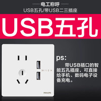 飞利浦（PHILIPS）开关插座面板昕绎家用86型大间距正斜五孔墙壁暗装电工电料开关 五孔带双USB