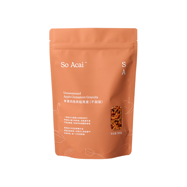 移动端、京东百亿补贴：SO ACAI 苹果肉桂不甜版烘焙燕麦片坚果即食格兰诺拉麦片营养早餐300g 苹果肉桂烘焙燕麦片300g