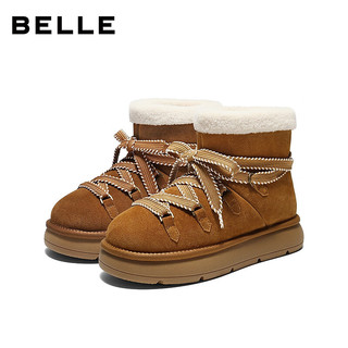 百丽（Belle）复古时尚鞋面绑带雪地靴女2025冬新舒适保暖休闲短靴B2949DD5 浅棕色 40