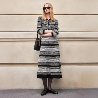 BCBGMAXAZRIA 【初剪羊毛混纺】线性语言花纱小香风针织连衣裙25秋冬