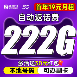 中国广电 本地归属地 首年19元月租（自动返话费+222G通用流量+可办副卡+首月免费用）畅享5G恒惠卡