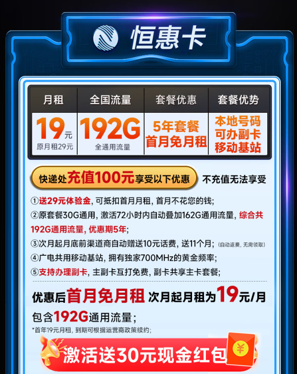 中国广电 本地归属地 首年19元月租(自动返话费+222G通用流量+可办副卡+首月免费用)畅享5G恒惠卡
