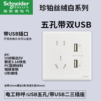 施耐德开关插座面板家用一开五孔86型带开关插座面板珍铂丝绒白 五孔双USB