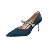 C.BANNER千百度真皮细高跟鞋春季尖头浅口法式单鞋女通勤 蓝色 35