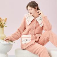 玛伦萨 manza 海军领250g/㎡绒睡衣女士冬季开衫加厚套装保暖双面绒家居服