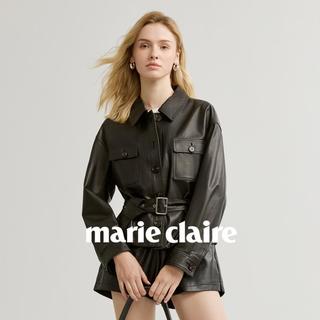 marie claire 【巧纳锋芒】头层牛皮革酷飒担当多口袋收腰翻领工装风女式皮衣