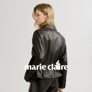 marie claire 【巧纳锋芒】头层牛皮革酷飒担当多口袋收腰翻领工装风女式皮衣