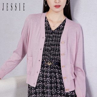 JESSIE减龄V领显瘦短款长袖绵针织开衫女春 杏色 L