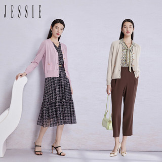 JESSIE减龄V领显瘦短款长袖绵针织开衫女春 杏色 L