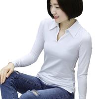 横行道2024春装有领翻领女装韩版职业装v领长袖t恤带领纯色打底衫 白色 XL