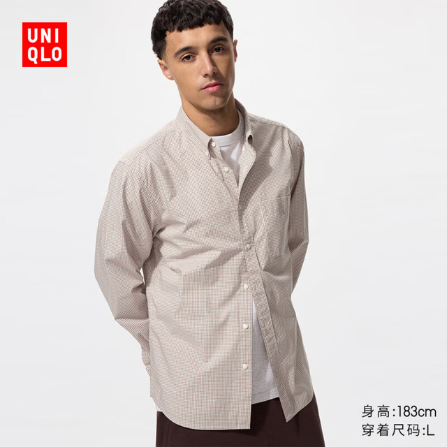 UNIQLO 优衣库 男装女装优质长绒棉格子衬衫长袖衬衣480648 31 米色