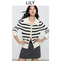LILY2025秋女装含羊毛撞色条纹镂空拉链休闲通勤白色针织开衫 601白色 S