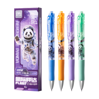 得力 星际胖达速干顺滑ST头按动中性笔 双球珠中性笔刷题笔 0.5mmST头黑色4支装