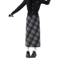 MJ STYLE呢子格子半身裙女2025春秋高腰显瘦开叉包臀中长裙子 黑灰 M M 体重100-110斤