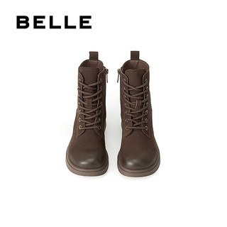 百丽（Belle）羊皮复古气质马丁靴女2025冬粗跟增高短靴3NW45DD5 啡色 34