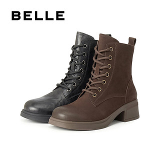 百丽（Belle）羊皮复古气质马丁靴女2025冬粗跟增高短靴3NW45DD5 黑色 33