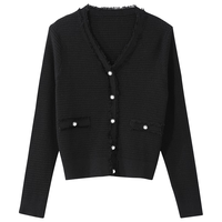 欧莎 黑色外穿毛衣女2022年秋装针织衫短款打底v领内搭上衣 黑色C XS