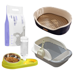 汪野君 养猫套装猫砂盆铲喂食喂水器绒布猫窝猫砂用品组合基础四件套