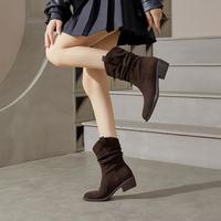 le saunda 莱尔斯丹 2025秋冬新款复古简约潮流时尚粗跟褶皱堆堆靴女靴