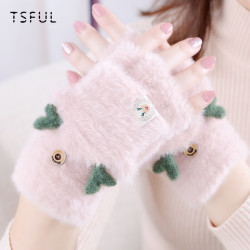 Tsful 女士保暖半指翻盖手套