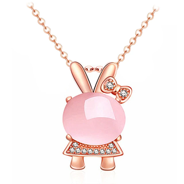 儿童项链女童粉水晶芙蓉石皇冠吊坠可爱小兔子颈链公主配饰礼物 礼盒装-兔子