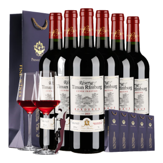 蒂曼仑堡【金认证品质】原瓶红酒 波尔多AOC级14.5度 干红葡萄酒 整箱6瓶+酒杯【2支】