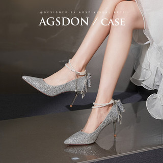  Agsdon/奥古狮登 气质 女士高跟鞋 蝴蝶结 珍珠  银色【亮片蝴蝶结】 36