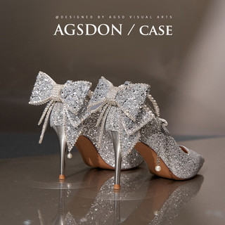  Agsdon/奥古狮登 气质 女士高跟鞋 蝴蝶结 珍珠  银色【亮片蝴蝶结】 36