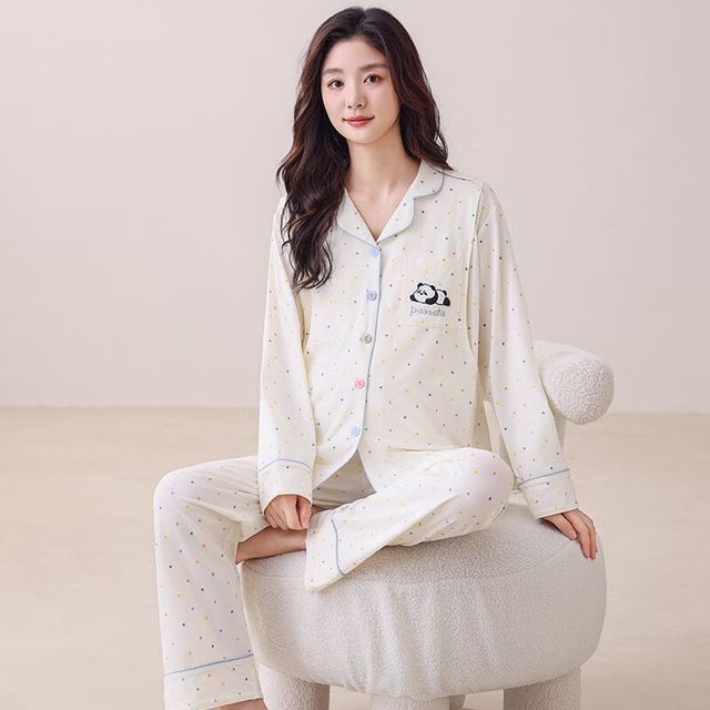 婧麒 月子服春秋产后怀孕期开衫睡衣2025哺乳家居服宽松休闲 彩扣浅色翻领 XXL码