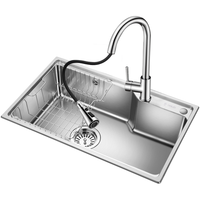 欧琳(OULIN) 厨房水槽大单槽洗菜盆一体盆304不锈钢盆台下盆洗碗槽JD657 760*450配双出水不锈钢抽拉龙头