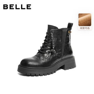 百丽（Belle）复古抓皱马丁靴女2025冬真皮休闲短靴E8D1DDD5 黑色-绒里 38