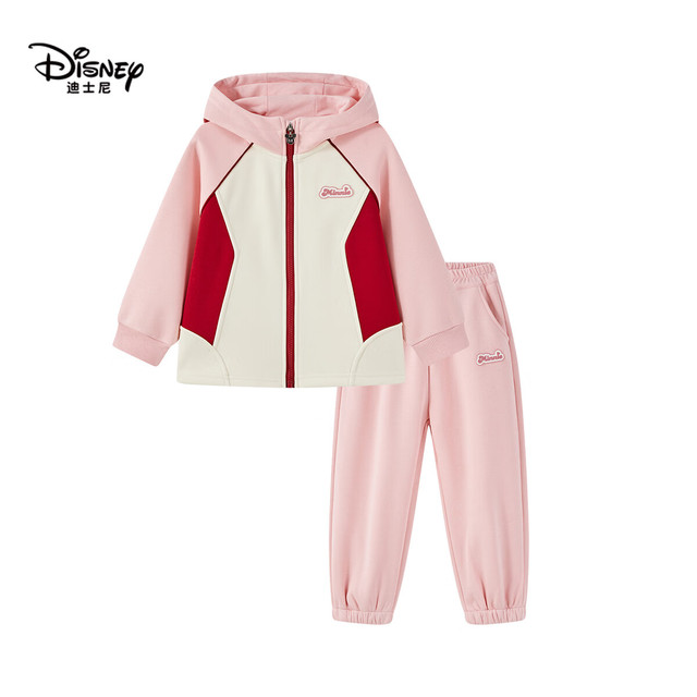 迪士尼 Disney 女童套装秋冬加厚保暖连帽休闲外套裤子两件套 粉色