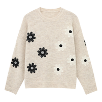 Basic House/百家好花朵刺绣套头毛衣撞色圆领宽松上衣冬季保暖女 米杏 S