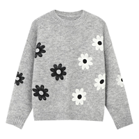 Basic House/百家好花朵刺绣套头毛衣撞色圆领宽松上衣冬季保暖女 浅灰 L