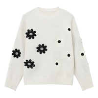 Basic House/百家好花朵刺绣套头毛衣撞色圆领宽松上衣冬季保暖女 米白 S