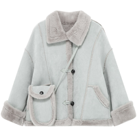 Basic House/百家好韩版翻领皮毛一体外套秋冬加厚毛毛上衣机车服 湖蓝色 M