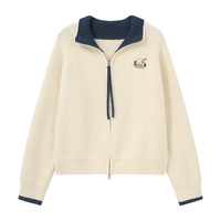 百家好 双拉链翻领卡通刺绣针织开衫女冬通勤减龄毛衣