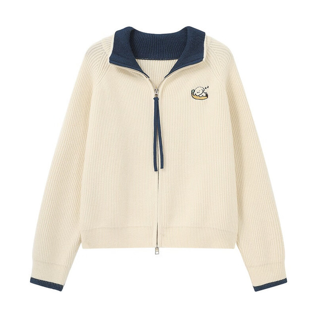 有券的上：BASIC HOUSE 百家好 双拉链翻领卡通刺绣针织开衫