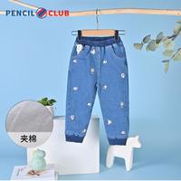铅笔俱乐部 女童长裤秋季儿童牛仔棉裤宝宝夹棉裤萌趣绣花图