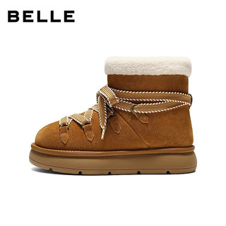 百丽（Belle）复古时尚鞋面绑带雪地靴女2025冬新舒适保暖休闲短靴B2949DD5 浅棕色 40