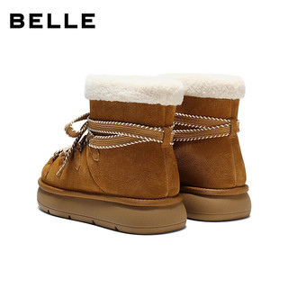 百丽（Belle）复古时尚鞋面绑带雪地靴女2025冬新舒适保暖休闲短靴B2949DD5 浅棕色 40